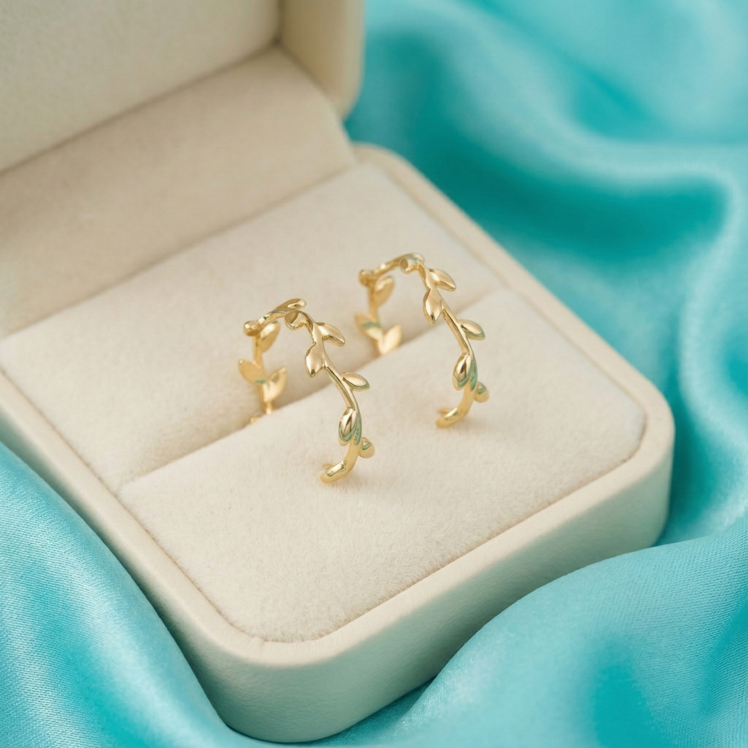 Tiffany Olive Leaf Hoop Earrings, Gold Filled